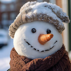 Snowman with scarf and hat covered in snow outdoors. Winter holiday and Christmas decoration concept