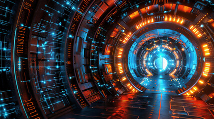 Laser beam running through cyberspace. Communication network concept.