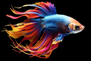 Fototapeta premium Vibrant Colorful Betta Fish with Flowing Fins Swimming Gracefully in a Dark Background, Showcasing Artistic and Exotic Aquatic Beauty for Nature Lovers