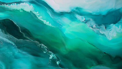Abstract painting drawn by fluid acrylic technique. Picture with emerald, green, mint colorful water stains, gradients on blue background. Imitation of sea ocean waves on canvas. Modern art concept.