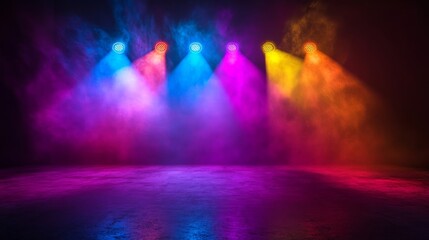 Obraz premium Three colorful spotlights illuminate a smoky dark room.