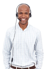 Studio, black man and headset in portrait for call center, consulting and agent for customer service. Assistance, happy consultant and sales with mic for telemarketing, support and white background