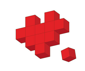 Hearth made by blocks. Red and Pink Toy building block, bricks for children. Vector isometric illustration.