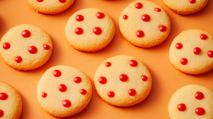 Fototapeta premium Tasty cookies with red color testy chips on dark orange color background , Delicious cookies , Delicious homemade Whipped Shortbread Cookies with strawberry jam filling for cookies day 