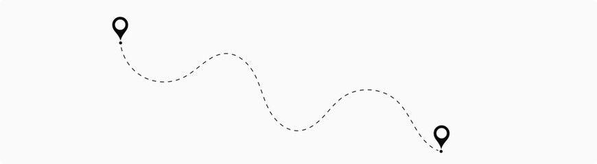 Dot line path route travel banner illustration with location map pin icon.  Route location icon two pin sign and dotted line. 3
