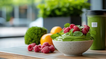 Healthy breakfast setup, smoothie bowl, fresh fruits, representing productivity and hydration