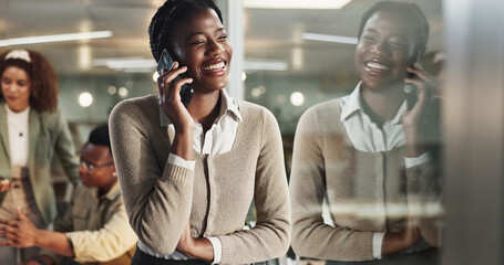 Woman, phone call and window at night in office with laugh with reflection, contact and networking...