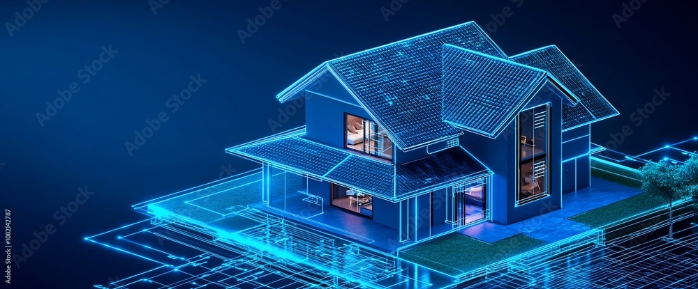 Poster a wireframe digital model of a modern two-story house with a yard on a blue background.