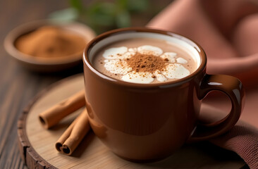 Fototapeta premium The picture shows hot chocolate mug decorated with whipped cream and chocolate chips, placed on a rustic wooden table. 