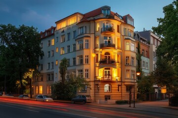 Naklejka premium Elegant luxury apartment building in Berlin illuminated at dusk