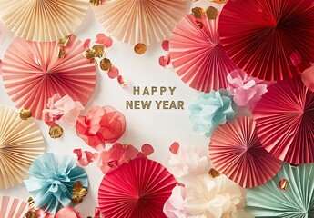 Colorful Chinese New Year background, featuring paper fans and lanterns, with the words "HAPPY CHINESE NEW YEAR" in gold foil on a white space, generative ai