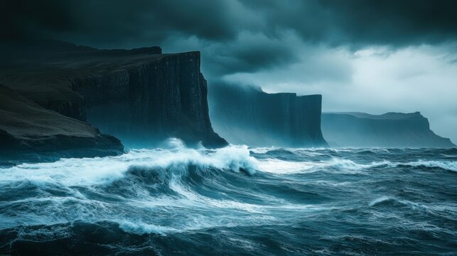 Epic fantasy scene of mountains and stormy sea, dramatic lighting, mysterious atmosphere, waves crashing against cliffs, dark clouds, intense and cinematic