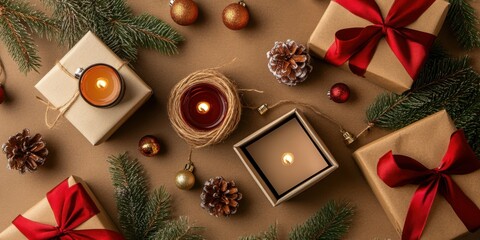 Top view of several holiday-themed business card holders arranged on a table, with small holiday decorations like bells, ribbons, and candles.