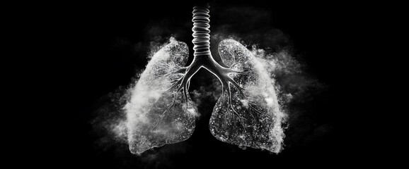 Abstract grayscale image of lungs dissolving into smoke, symbolizing respiratory illness or air pollution.