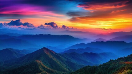 Obraz premium Scenic view of a mountain ridge at sunset, dark silhouette against a colorful sky, peaceful and vast, dramatic and beautiful, evening glow.