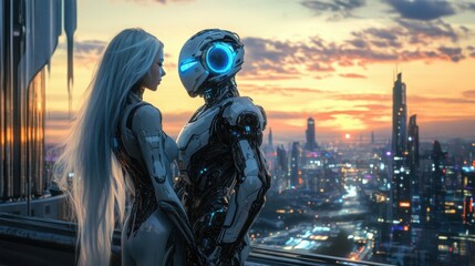 Fototapeta premium A couple sharing a moment in a futuristic city, the woman has flowing silver hair, and the android has glowing blue accents, both gazing at a holographic sunset.