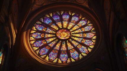 Obraz premium Circular stained glass window with vibrant patterns, intricate design, historic architecture, soft light filtering through, religious setting, artistic detail