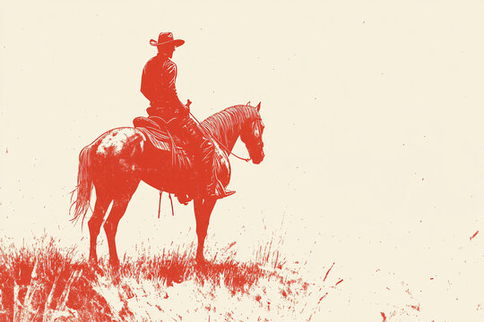 A minimalist illustration of a cowboy on horseback in a red-toned scene capturing western style and rural solitude
