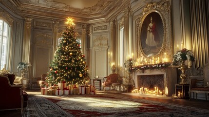 Fototapeta premium Opulent Holiday Setting: Christmas Tree and Lavish Decorations