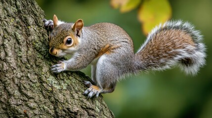 Squirrel climbing a tree branch, close-up, natural background, daytime, curious expression, wildlife photography, forest setting, small details, playful moment.