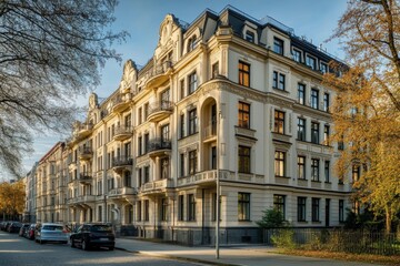 Fototapeta premium Elegant luxury apartment building in Berlin showcasing stunning architectural details and autumn foliage in the golden hour light