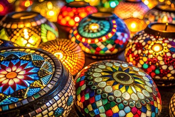 Fototapeta premium Close-Up of Vibrant Glass Mosaic Art in Low Light, Showcasing Intricate Patterns and Rich Colors, Perfect for Home Decor, Art Enthusiasts, and Interior Design Inspiration