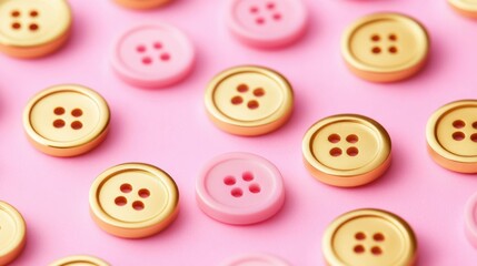 Minimalistic pink background with scattered golden buttons, orderly and playful, vibrant and stylish, aesthetic and creative layout.