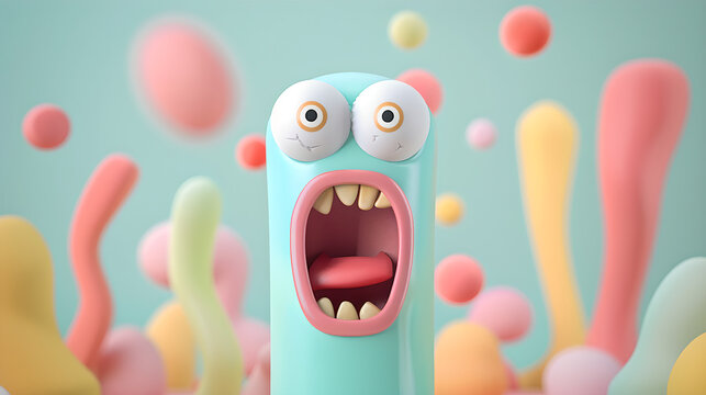 Colorful cartoon monster with open mouth playful background 3d render whimsical environment close-up viewpoint fun concept for creative design