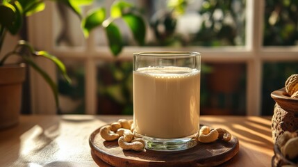 Cashew milk, a smooth vegan beverage, promoting a healthy, nut-based protein option for breakfast, served in a glass, as part of an organic and plant-based diet.