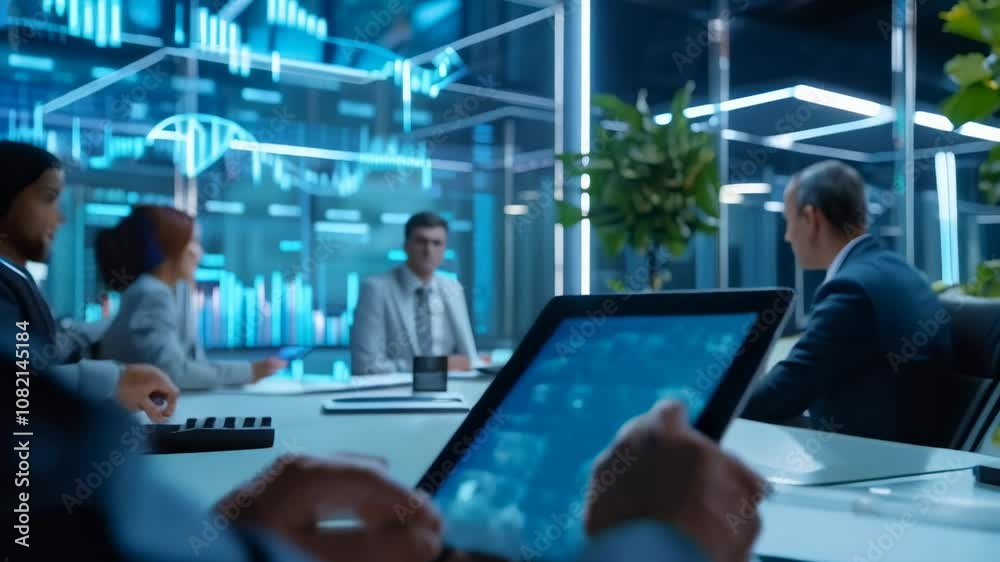Poster Business team working in modern office analyzing cryptocurrency market data on a digital tablet with augmented reality holographic screen showing various graphs and charts