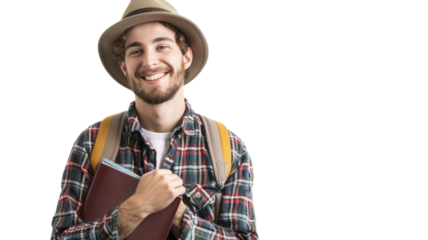 Excited Handsome Tourist Ready for Adventurous Travel Abroad, Holding Travel Gear with an Enthusiastic Expression Captured in a Vibrant Setting