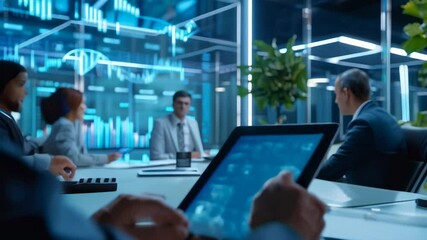 Business team working in modern office analyzing cryptocurrency market data on a digital tablet with augmented reality holographic screen showing various graphs and charts - Powered by Adobe