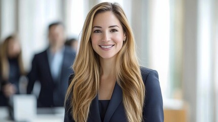 Fototapeta premium A smiling blonde woman in her 40s wearing a business suit in an office setting