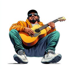 Street Musician Playing Guitar in Colorful Cartoon Style