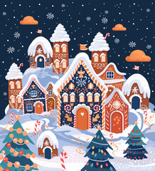 Gingerbread house. Christmas drawing, gingerbread house town. 