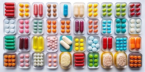 Conceptual Photography of Blisters with Various Pills on a White Background Showcasing Medication Diversity and Pharmaceutical Design in a Top View Perspective for Health and Wellness Themes
