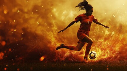 Naklejka premium Female Football Player in Action on the Field, Focused and Determined, copy space area