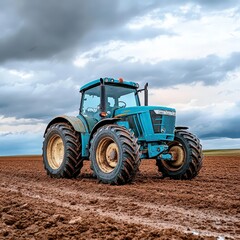 Obraz premium Tractor in Rural Field Under Dramatic Sky
