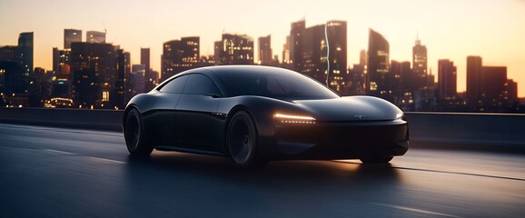 Black electric sports car driving on a highway with a city skyline in the background at sunset.