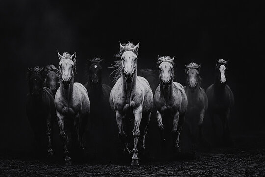 black-and-white photo of a group of horses running forward in dramatic lighting, creating a powerful and intense scene
