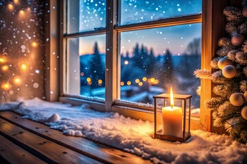 Cozy Window Seat with Glowing Candle and Tranquil Snowfall at Night, Perfect for Capturing Peaceful Winter Vibes and Serenity in Your Home Decor Photography