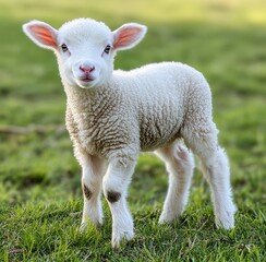 Obraz premium Adorable Young Lamb Standing on Green Grass, Showcasing Soft Wool and Playful Expression in a Natural Farm Environment