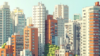 Obraz premium A vibrant cityscape with tall apartment buildings and a scattering of greenery, bathed in warm sunlight.