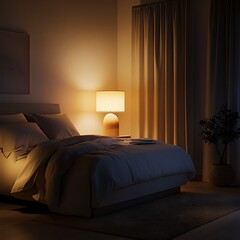 Soft warm lamp light fills cozy bedroom image