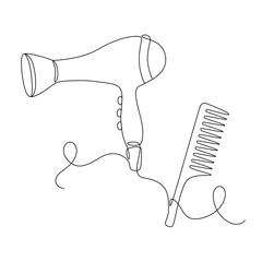Hair dryer and comb drawn one continuous line in abstract minimalism style, beauty salon concept, editable vector contour.