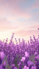 Naklejka premium Lavender field under a pastel sky at sunset, creating a serene and dreamy atmosphere, AI