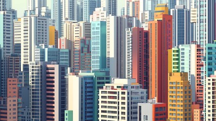 Obraz premium A vibrant cityscape with colorful buildings, showcasing the density and diversity of modern urban life.