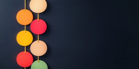 A series of colorful circular decorations hanging against a dark background, creating a vibrant and modern aesthetic.
