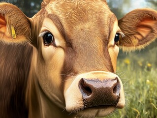 Close-Up of a Curious Young Cow with Expressive Eyes in a Lush Green Field Highlighting the Beauty and Charm of Rural Life and Nature's Creatures