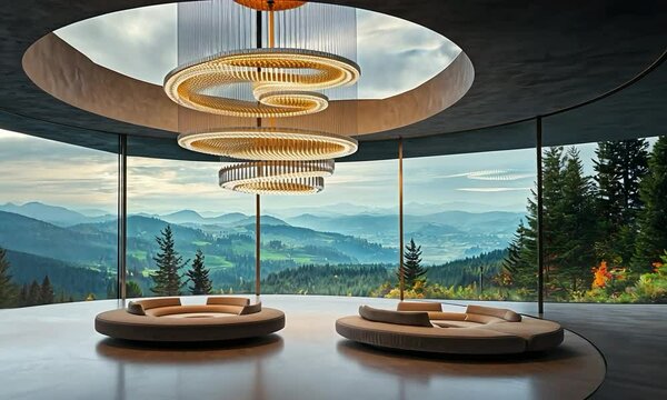 Suspended chandelier in a futuristic floating home on a bluff, with magnetic levitation technology and panoramic glass panels, overlooking rolling hills and distant forest